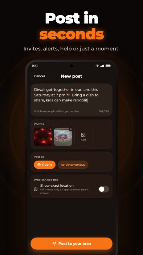 Composer screen: write a post, add photos, choose public or anonymous