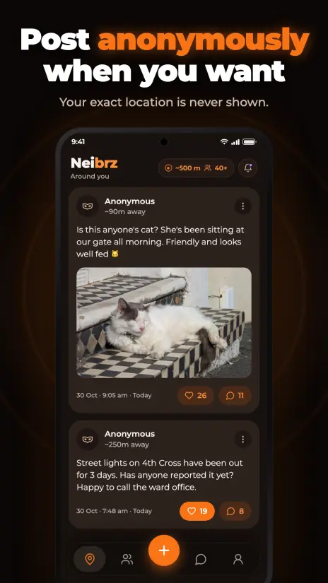 Anonymous posts in the feed, exact location never shown